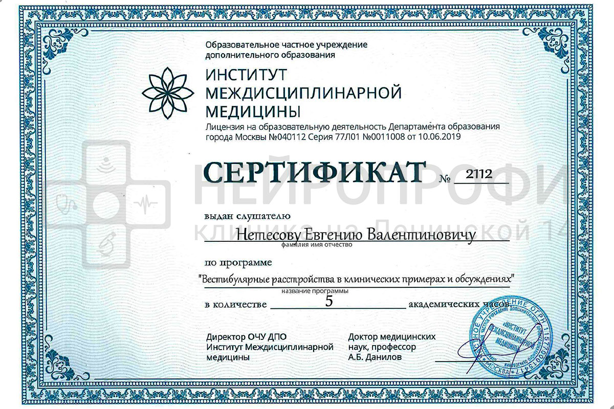 Нетёсов Е.В. Сертификат «Вестибулярные расстройства в клинических примерах и обсуждениях»